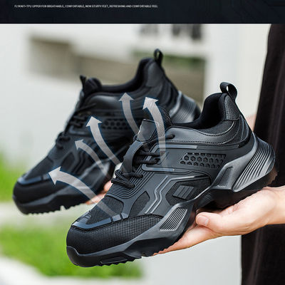 Giày bảo hộ đen bền bỉ có logo tùy chỉnh với vải dệt bay TPU thoáng khí và đế giữa Kevlar